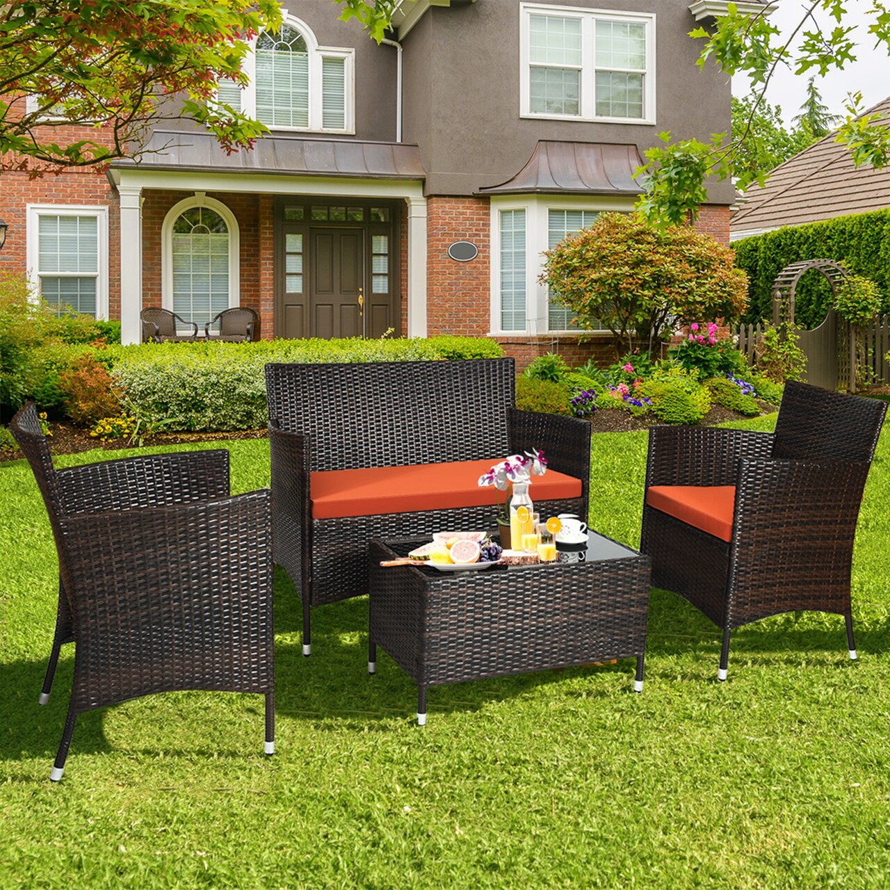 Costway 4PCS Rattan Patio Furniture Set Cushioned Sofa Chair Coffee Table